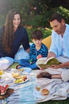 珍贵的时刻公园父母阅读书儿子野餐公园