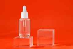 模拟包装产品设计品牌化妆品血清液体模型透明的瓶丙烯酸多维数据集血清皮肤护理产品红色的背景阴影