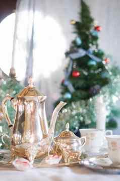 英语茶聚会，派对银茶集背景圣诞节