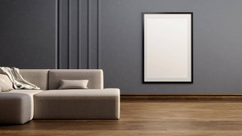 插图简约摘要室内设计阳光房间灰色的沙发光滑的纹理黑暗背景墙肖像墙框架棕色（的）木木条镶花之地板现代概念房间
