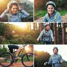 骑自行车山复合图像年轻的女人山骑自行车