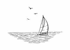 海景景观海帆船海鸥手画插图转换向量