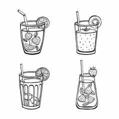 集不含酒精的夏天饮料孤立的白色背景菜单向量图片草图风格