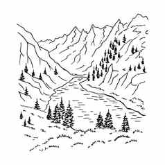 景观山森林手画插图转换向量