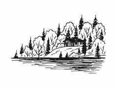 景观湖房子松树手画草图插图