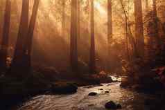 和平河流动红木森林早....光有斑点的阳光秋天