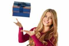 生日周年纪念日婚礼情人节一天圣诞节奢侈品假期现在美盒子订阅交付快乐女人礼物下降手孤立的白色背景