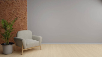 简单的生活房间<strong>室内设计</strong>概念木分区单灰色织物沙发<strong>绿色</strong>植物一边光滑的纹理背景插图