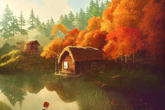 渲染数字绘画小屋河红木森林