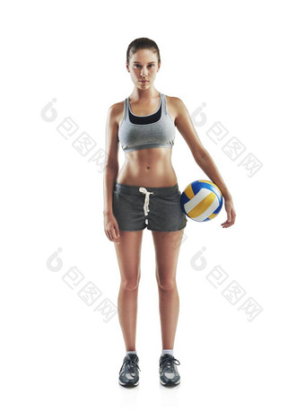 <strong>排球</strong>生活完整的长度肖像年轻的女运动员持有<strong>排球</strong>白色背景