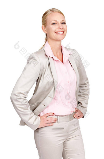 蓬勃发展的企业世界工作室肖像女商人站手臀部白色背景