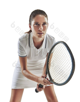 <strong>生活服务</strong>工作室拍摄女网球球员持有球拍白色背景