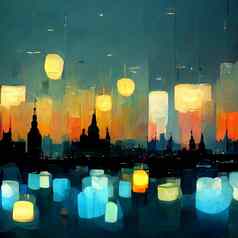 晚上城市插图霓虹灯发光生动的颜色晚上城市模糊灯