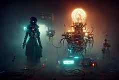 赛博朋克巫术多雾的黑客藏身之处机器人向导数字神经网络生成的艺术