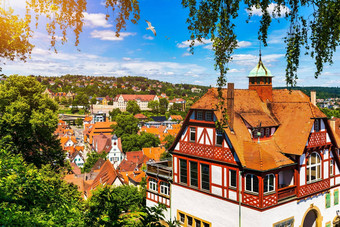 风景如画的小镇图宾根色彩鲜艳的木架房子交叉河Neckar房子河Neckar霍尔德林塔图宾根Baden-Wuerttemberg德国图宾根德国