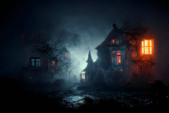 黑暗闹鬼房子照亮窗户令人毛骨悚然的有雾的黑暗万圣节晚上<strong>神经网络</strong>生成的艺术