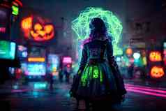认不出来女人万圣节服装霓虹灯照亮晚上城市街神经网络生成的艺术