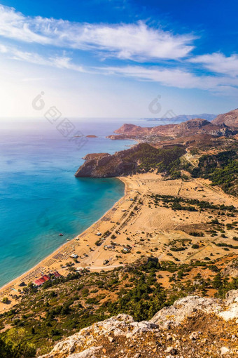 tsampika海滩金沙子视图罗兹希腊空中鸟眼睛视图著名的海滩tsampika罗兹岛多德卡尼斯群岛希腊