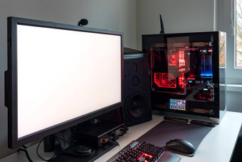 强大的个人电脑玩家钻井平台白色屏幕professsional游戏空房间工作室霓虹灯灯rgb强大的电脑键盘鼠标白色屏幕显示