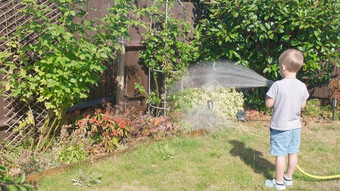 有趣的男孩浇水草坪上植物花园住房后院可爱的孩子玩灌溉软管热阳光明媚的夏天在户外孩子们做家务活动孩子们童年