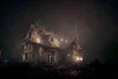 黑暗闹鬼房子照亮窗户令人毛骨悚然的有雾的黑暗万圣节晚上神经网络生成的艺术
