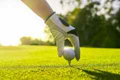 特写镜头高尔夫球手穿手套放置高尔夫球球三通高尔夫球