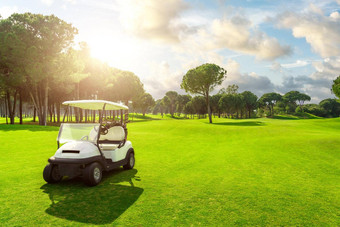 高尔夫球车球道高尔夫球绿色草场多云的天空树日落