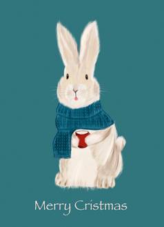 圣诞节插图可爱的兔子快乐圣诞节明信片