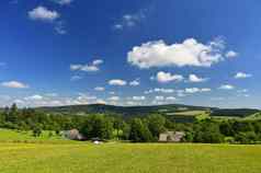 美丽的夏天景观自然草地森林蓝色的天空阳光明媚的一天高地捷克共和国