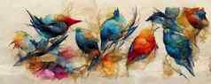 集明亮的鸟蜂鸟水彩手画