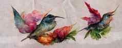 集明亮的鸟蜂鸟水彩手画
