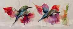 集鸟孤立的纸背景水彩插图手画可爱的蜂鸟美丽的异国情调的热带鸟