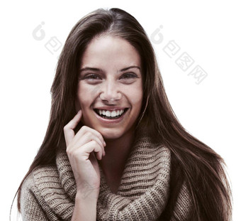 皮肤软软工作室拍摄美丽的年轻的女人穿着温暖的冬天服装摆姿势白色背景