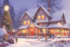 插图圣诞节树房子饰品彩色的灯包围雪