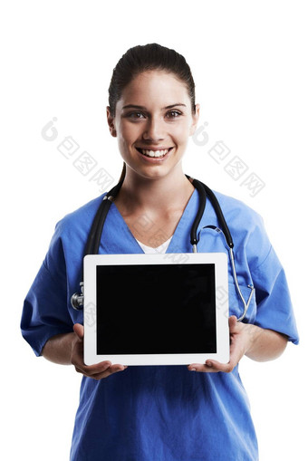 完美的医疗网站工作室拍摄美丽的年轻的医生显示空白屏幕数字平板电脑白色背景