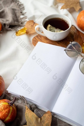 白色空白书秋天叶子杯热茶表格书模型设计
