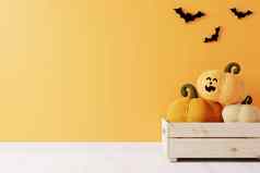 橙色背景微笑南瓜篮子蝙蝠万圣节