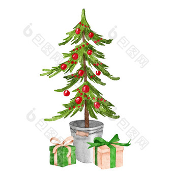 水彩手画松圣诞节树红色的饰品可爱的礼物礼物盒子灰色的斯堪的那维亚容器金属桶冬天假期云杉冷杉树设计<strong>北欧</strong>极简主义舒适的<strong>室内</strong>时尚的风格
