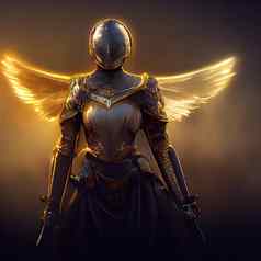 美丽的年轻的天使女孩重黄金板护甲美丽的黄金翅膀