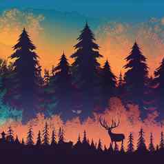 自然森林山地平线树鹿日出日落