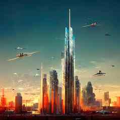 未来主义的城市景观有创意的概念插图神奇的摩天大楼