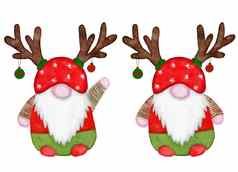 水彩手画北欧斯堪的那维亚地精圣诞节装饰树一年插图绿色红色的卡通风格有趣的冬天字符北瑞典精灵他胡子问候卡织物