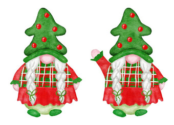 水彩手画北欧斯堪的那维亚地精圣诞节装饰树一年插图绿色红色的卡通风格有趣的冬天字符北瑞典精灵他胡子问候卡织物
