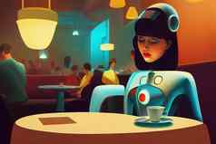 美丽的女机器人坐着咖啡商店卡通atompunk软照明