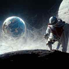 宇航员太空行走月亮表面看地球地球空间
