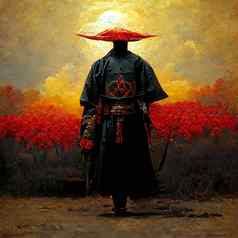 日本武士站前面红色的太阳超现实的绘画