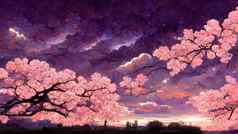 动漫图片樱桃开花紫色的