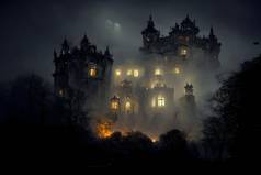 大闹鬼城堡照亮窗户令人毛骨悚然的有雾的黑暗万圣节晚上神经网络生成的艺术