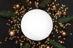 白色模拟设计师黑色的圣诞节背景金球五彩纸屑圣诞节树分支机构