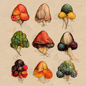 <strong>手绘</strong>色彩斑斓的森林野生集合各种各样的可食用的<strong>蘑菇</strong>